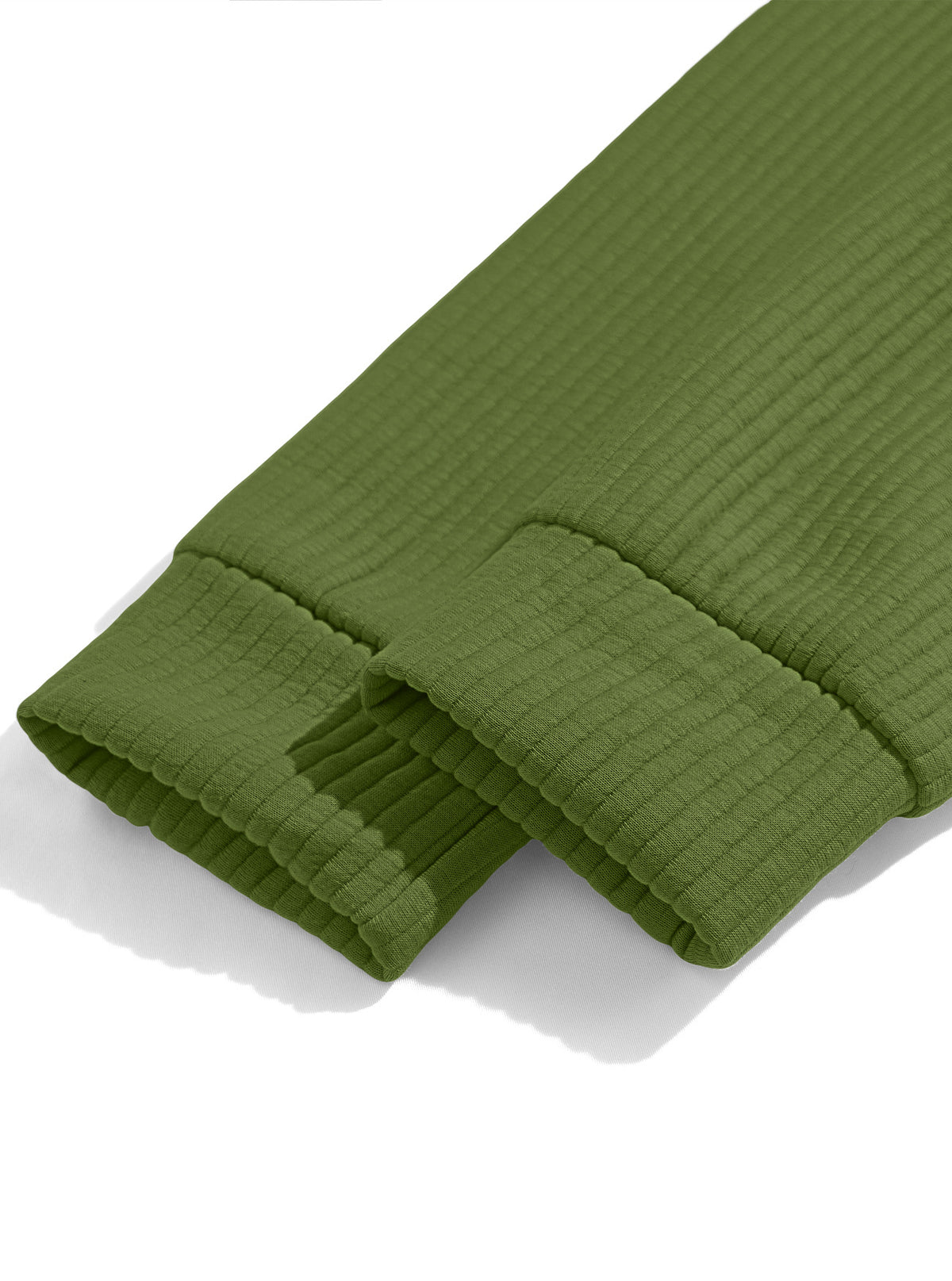 AZUKI olive green quarter-zip pullover, ribbed cuff close-up