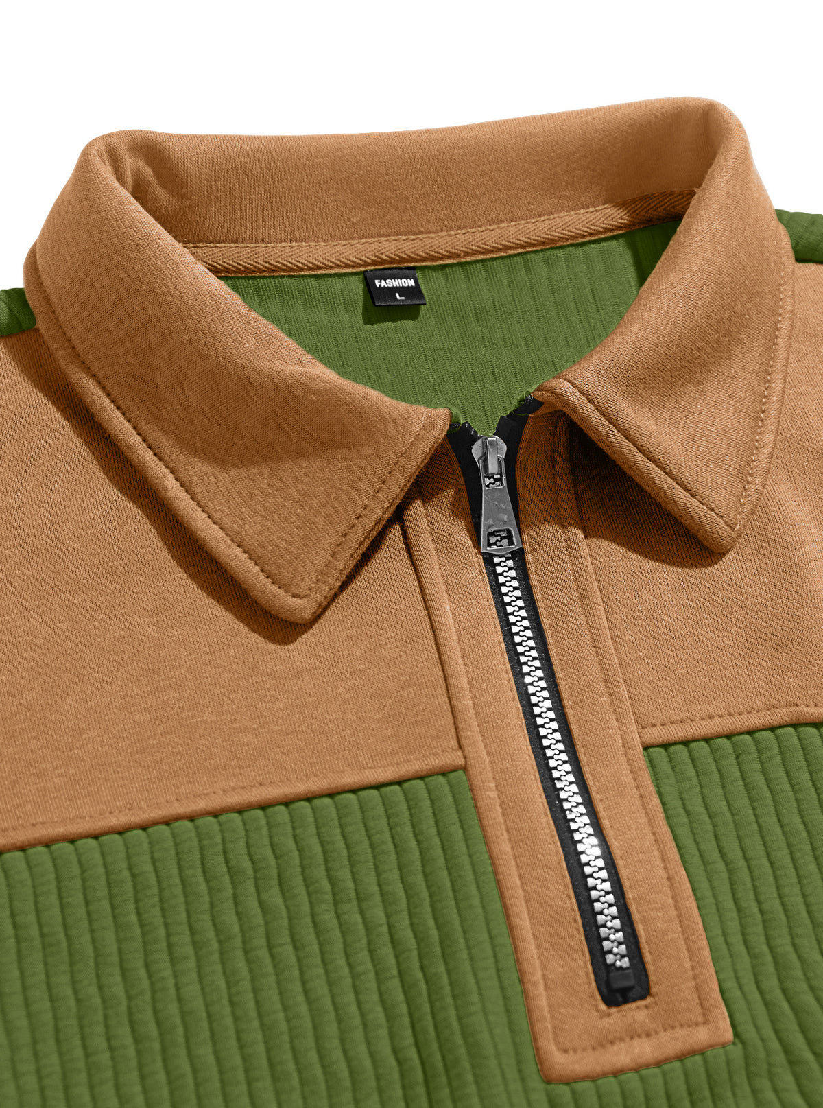 AZUKI olive green quarter-zip pullover, tan collar and zipper close-up