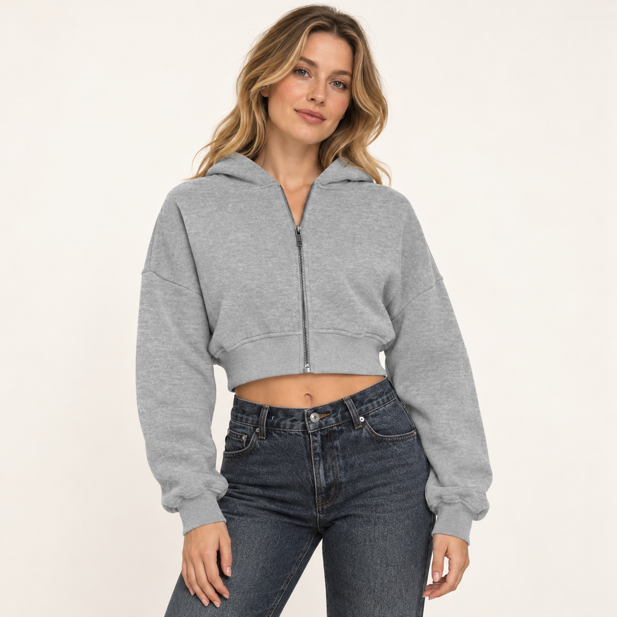 Heather Gray women's cropped full-zip hoodie, front view on a synthetic adult model