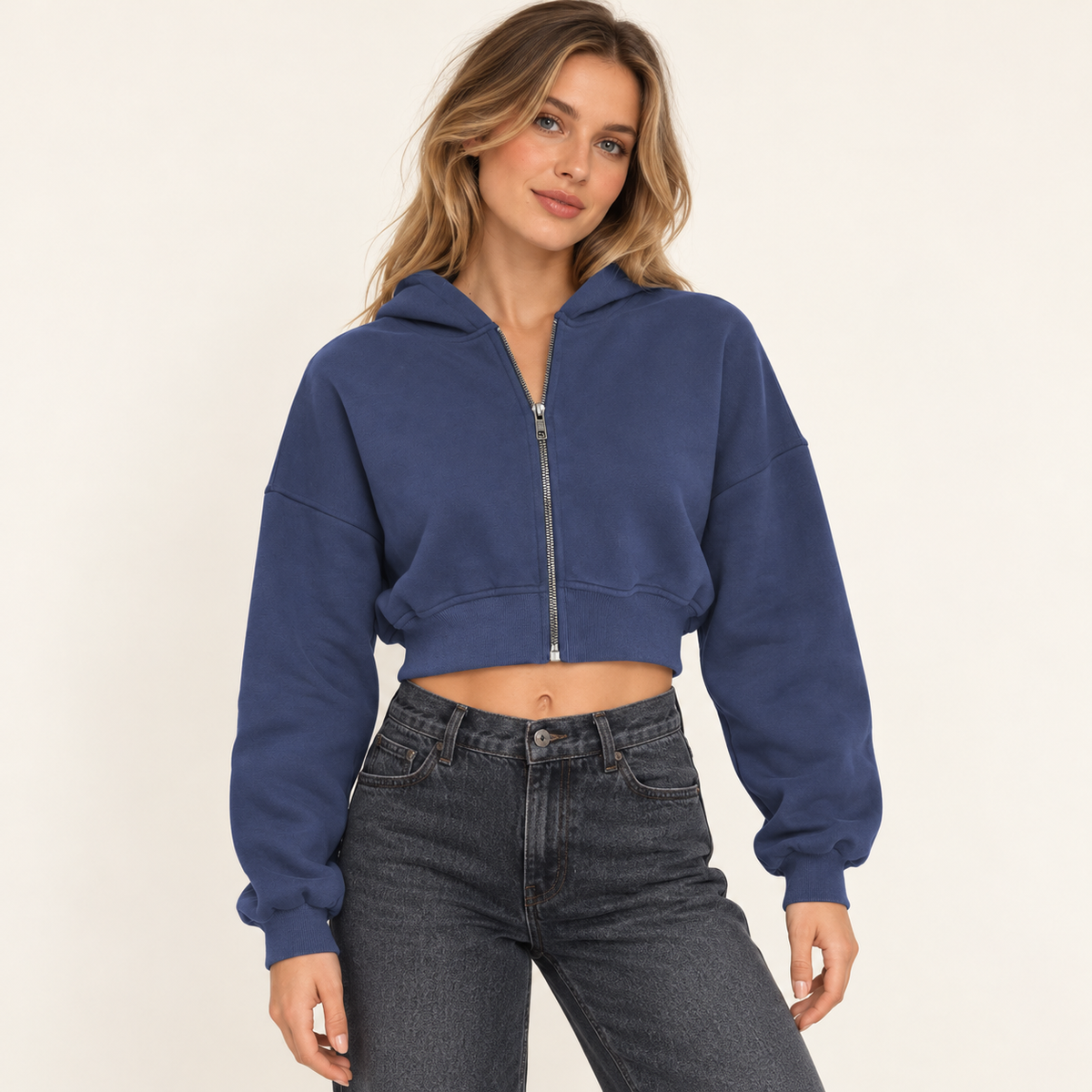 Slate Blue women's cropped full-zip hoodie, front view on a synthetic adult model
