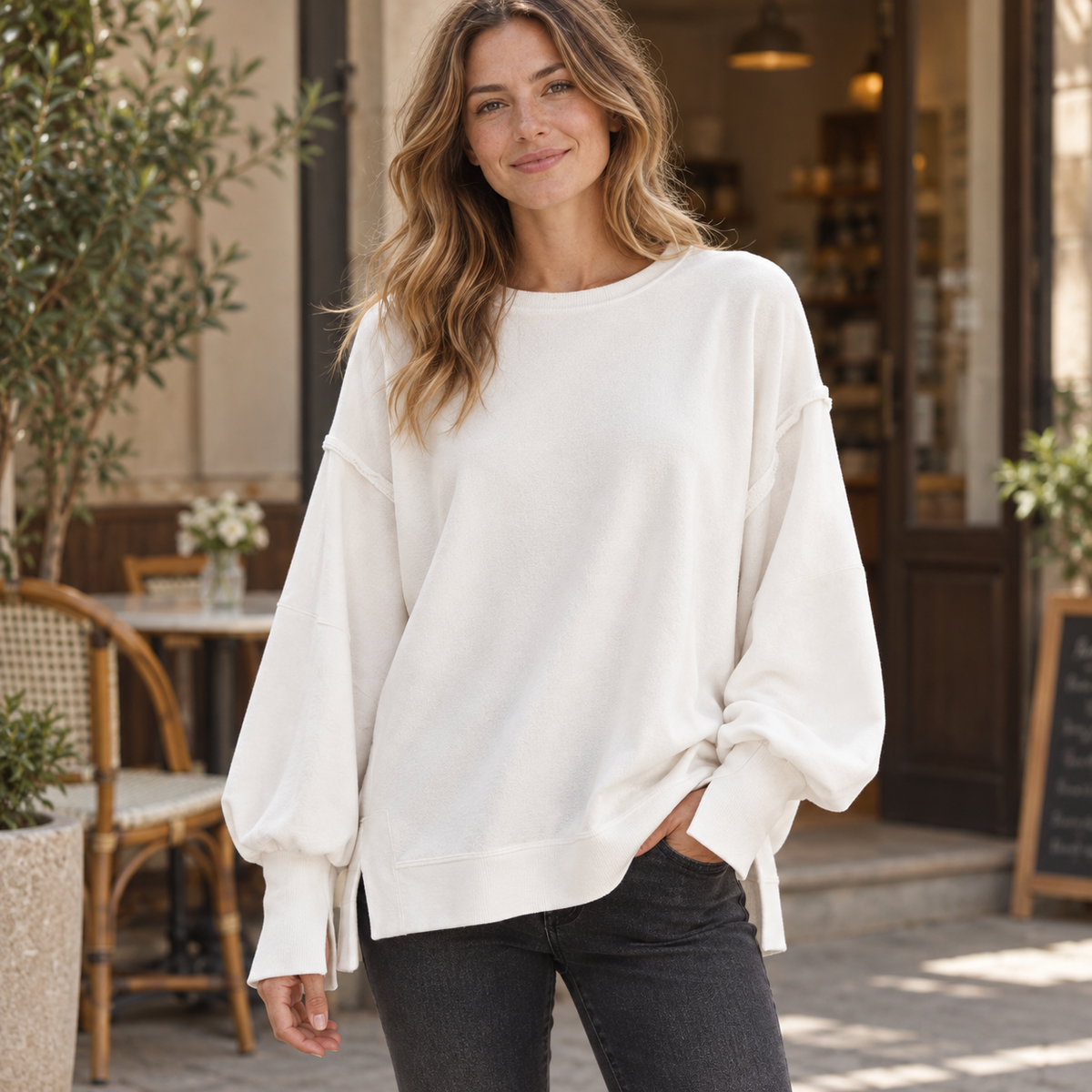 Off White women's oversized split-hem sweatshirt outside a cafe on a synthetic adult model