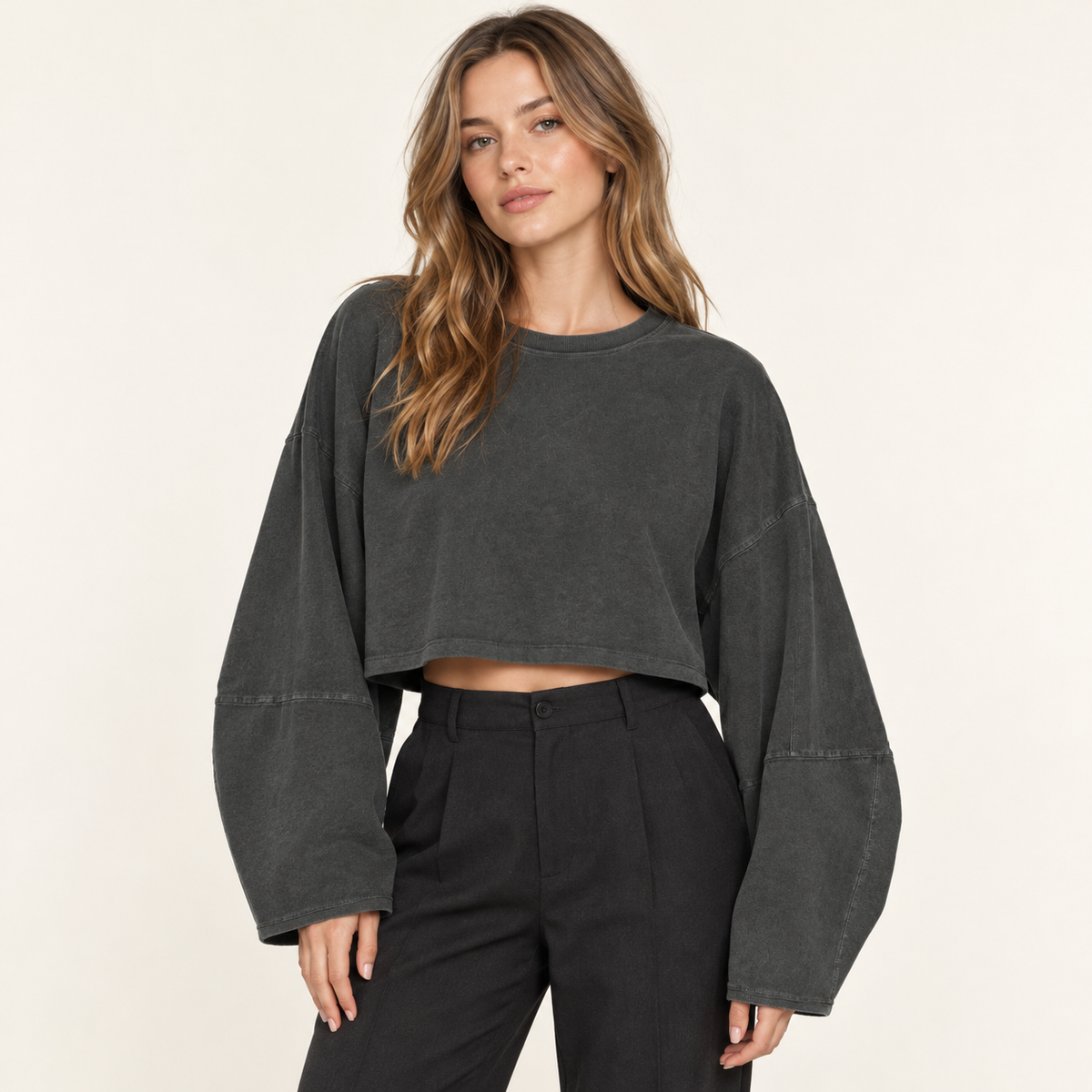 Dark Gray women's wide-sleeve cropped sweatshirt, front view on a synthetic adult model