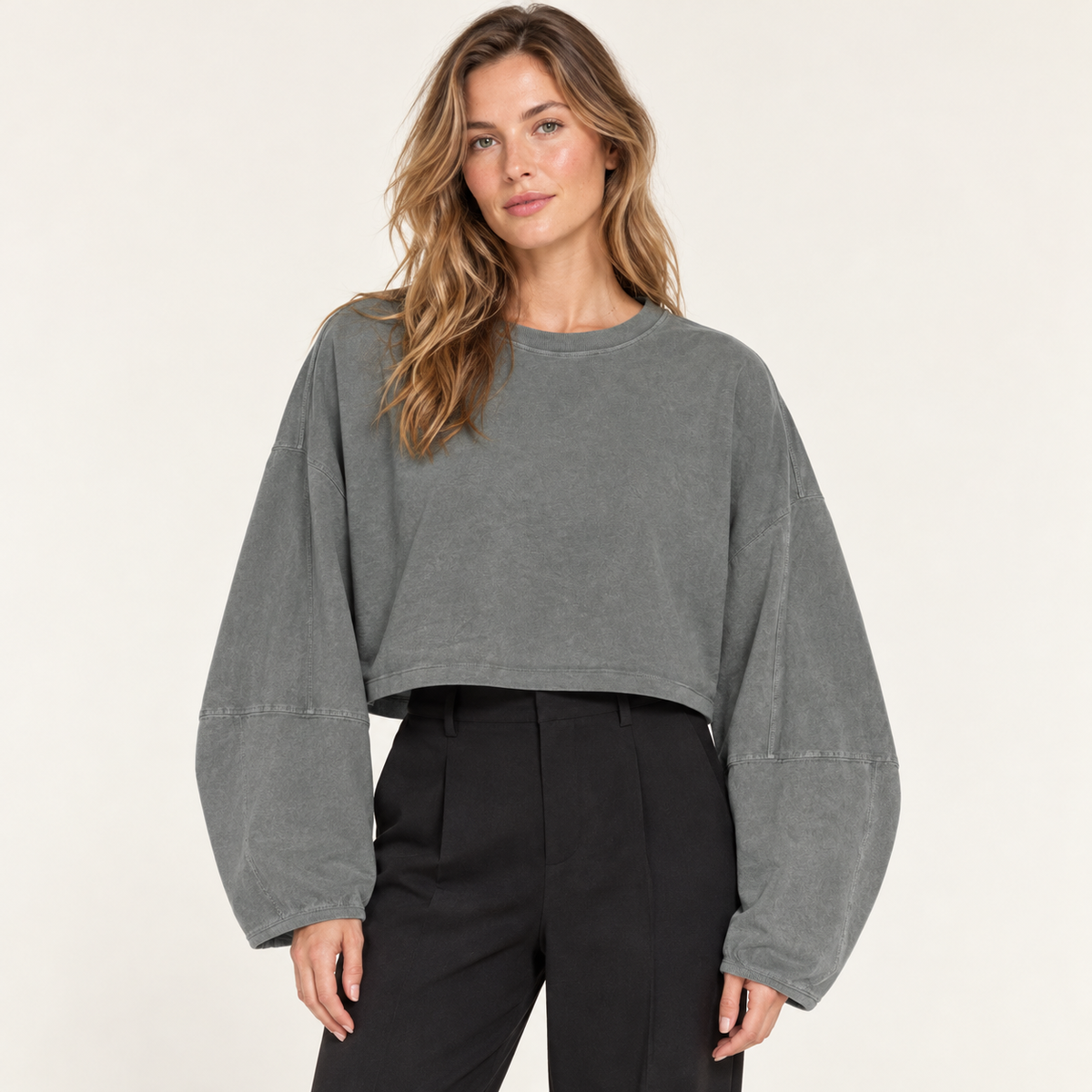 Light Gray women's wide-sleeve cropped sweatshirt, front view on a synthetic adult model