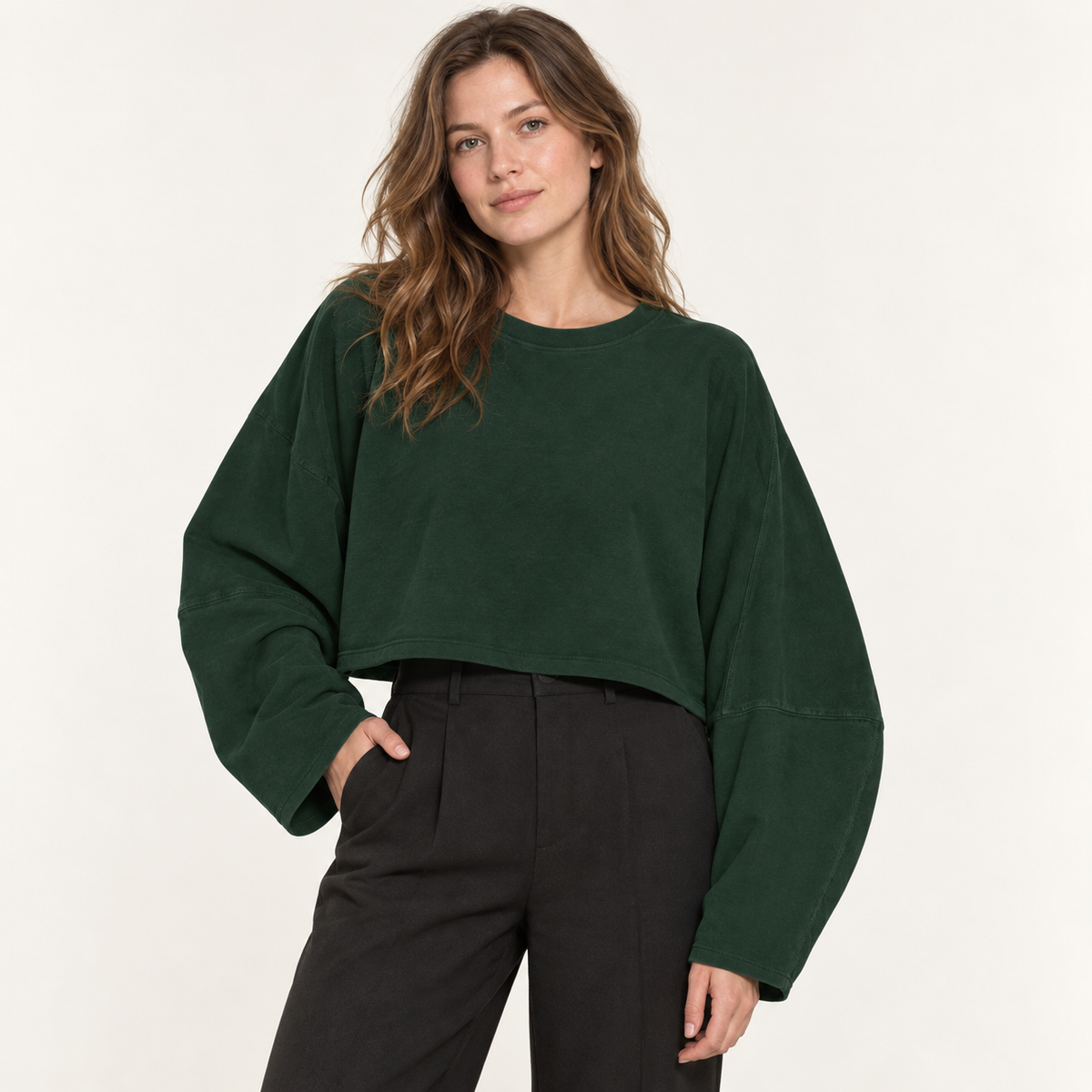 Forest Green women's wide-sleeve cropped sweatshirt, front view on a synthetic adult model