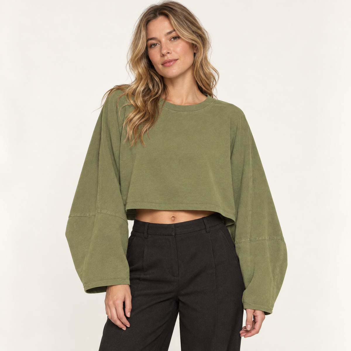 Olive Green women's wide-sleeve cropped sweatshirt, front view on a synthetic adult model