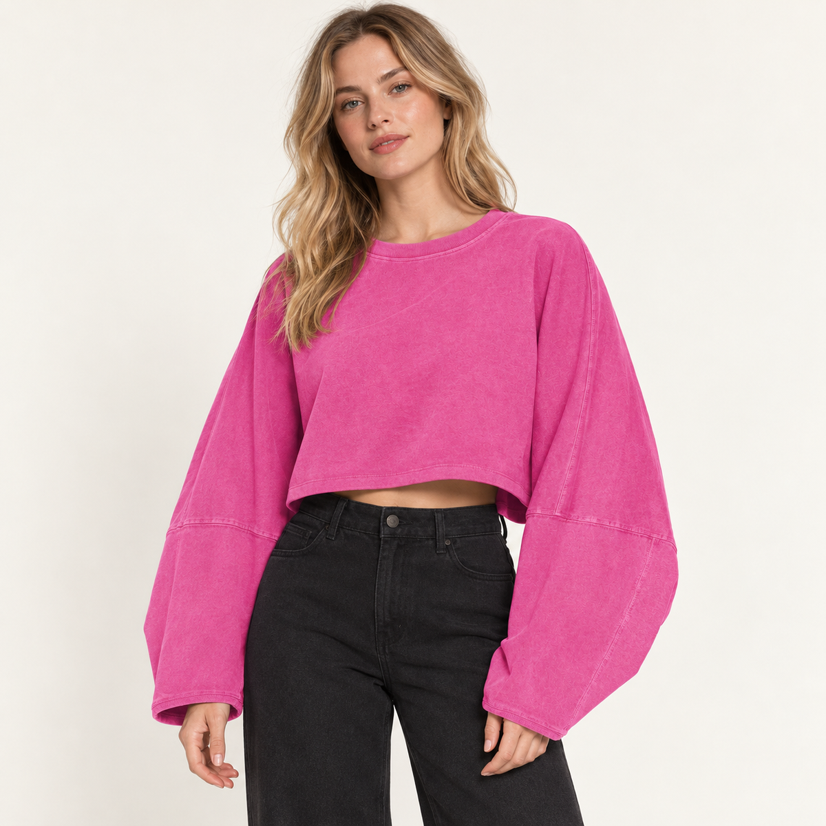 Rose Pink women's wide-sleeve cropped sweatshirt, front view on a synthetic adult model