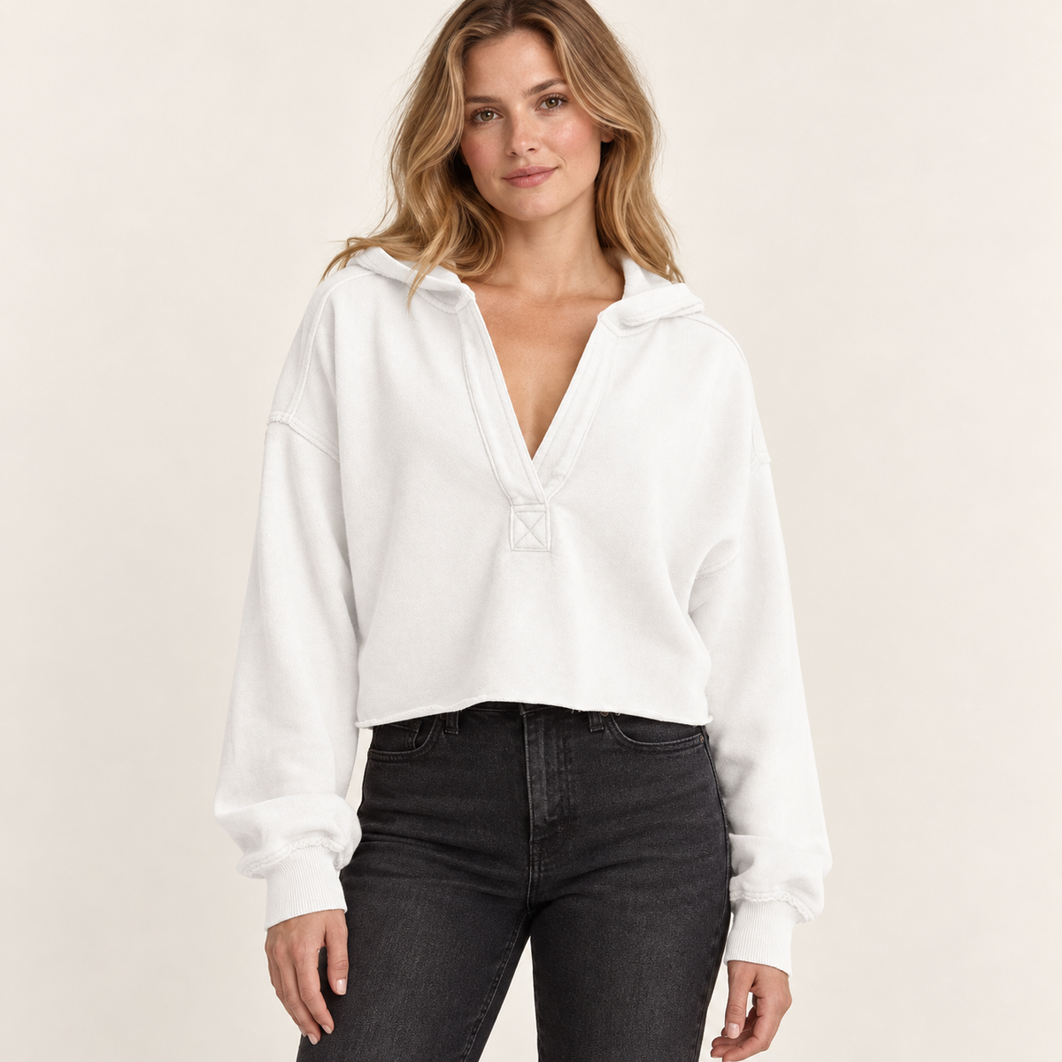 Off White women's cropped V-neck hoodie, front view on a synthetic adult model