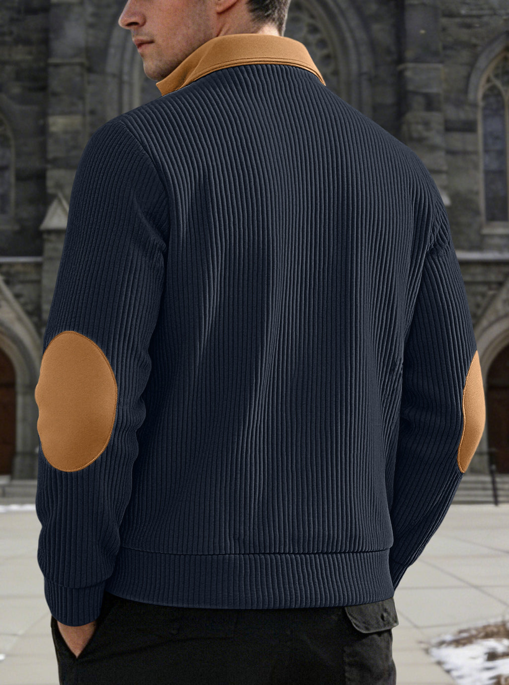AZUKI men's navy and tan quarter-zip knit pullover, back model view