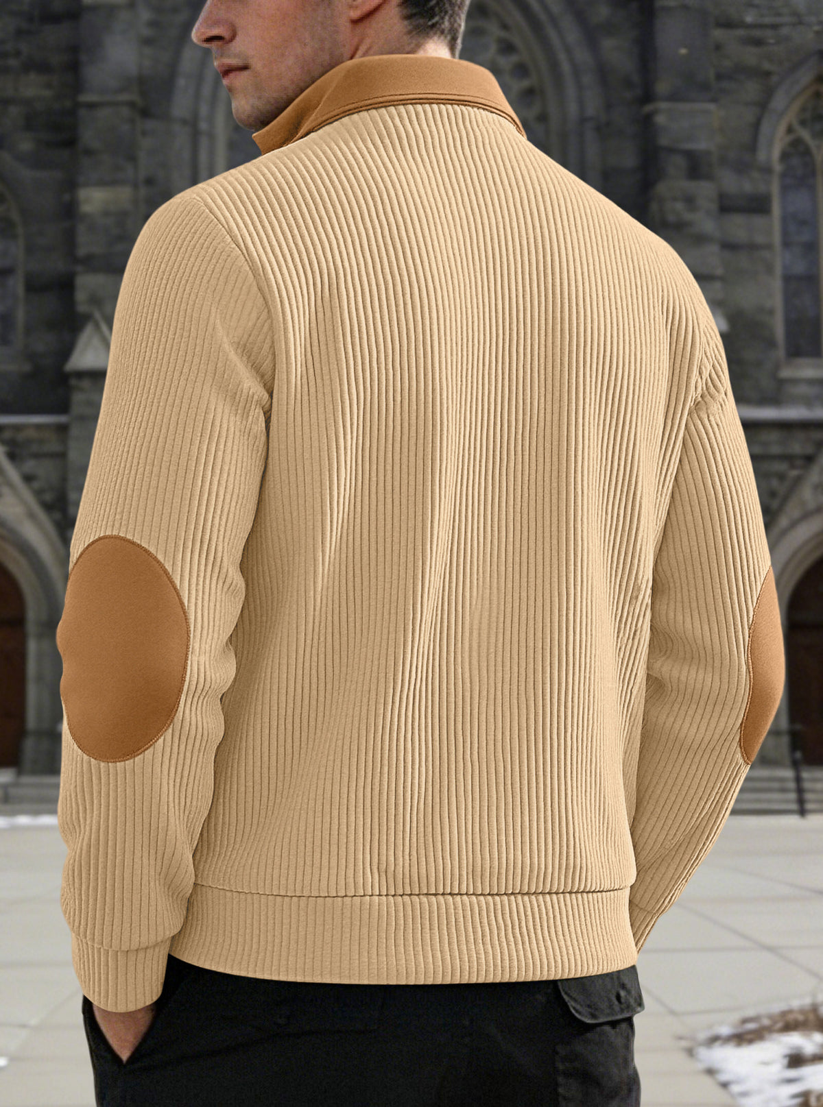 AZUKI men's beige and tan quarter-zip knit pullover, back model view