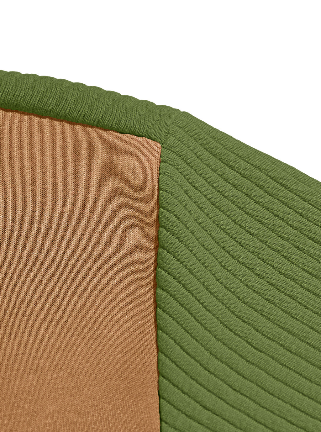 AZUKI olive green ribbed knit and tan chest-panel seam close-up
