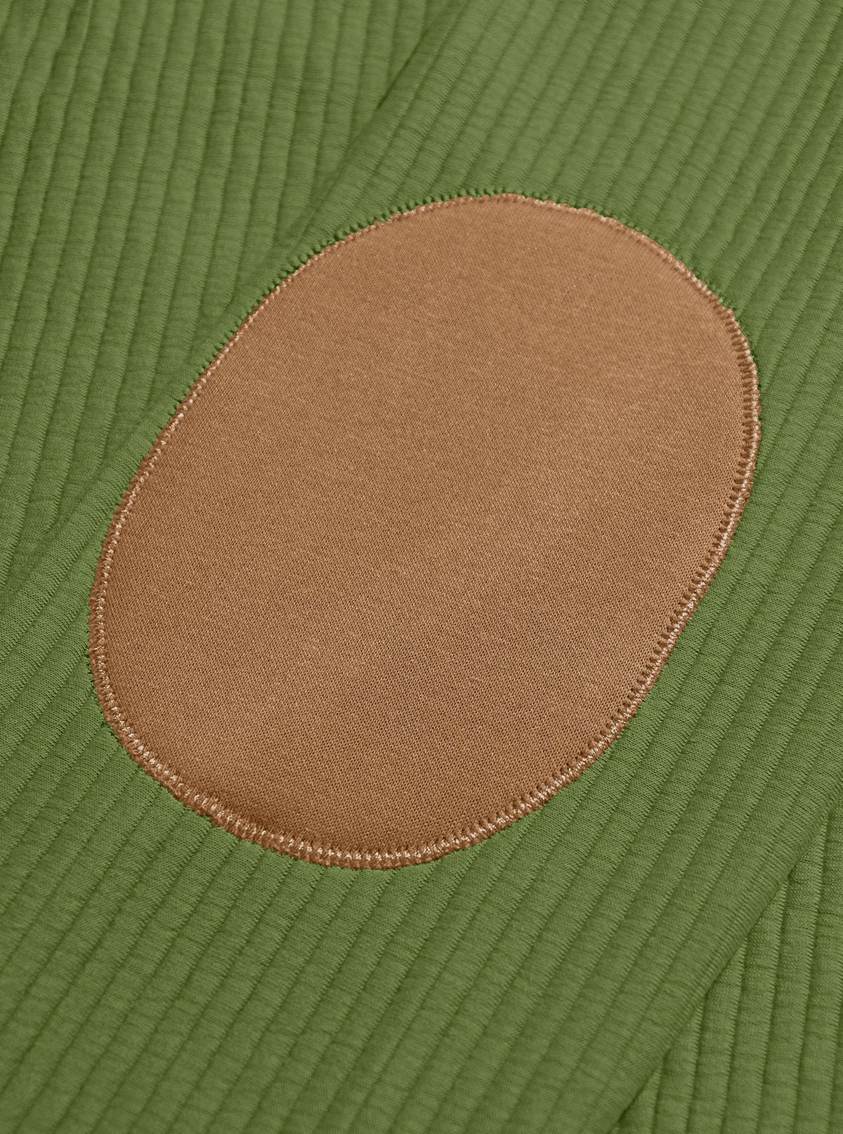AZUKI olive green pullover, oval tan elbow patch and stitching close-up
