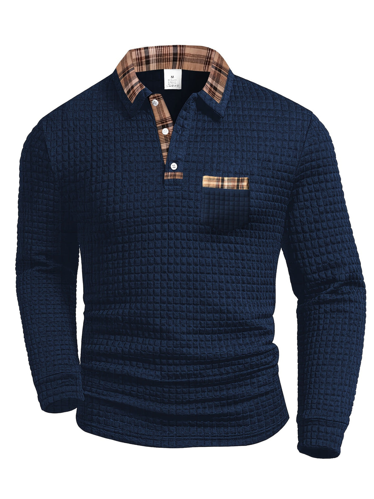 AZUKI Men's Waffle-Textured Plaid-Trim Long-Sleeve Polo - Navy product photo
