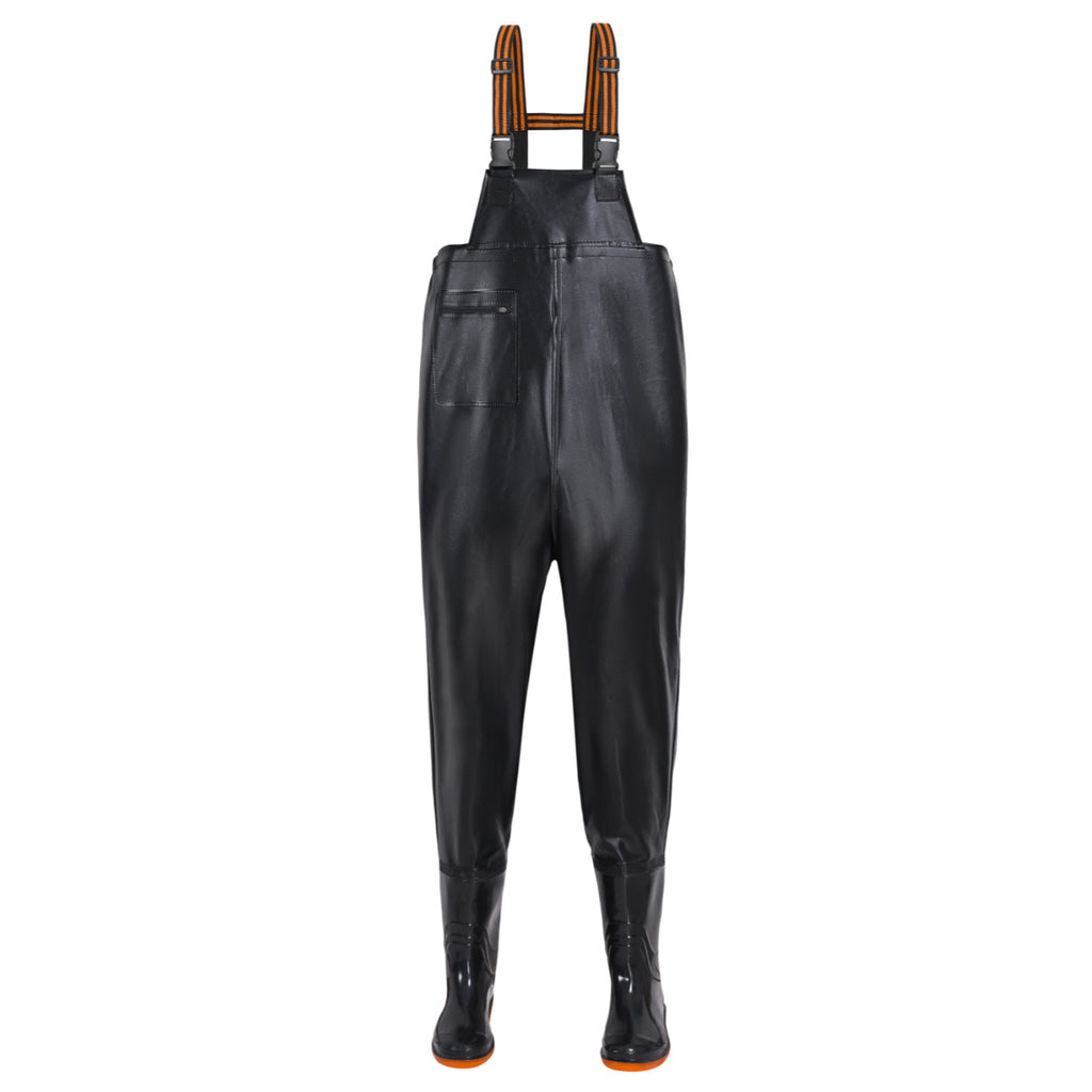 Type A black textured chest waders with stepped bib, a single side zipper pocket and black attached boots.