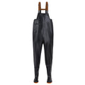 Type A black textured chest waders with stepped bib, a single side zipper pocket and black attached boots.