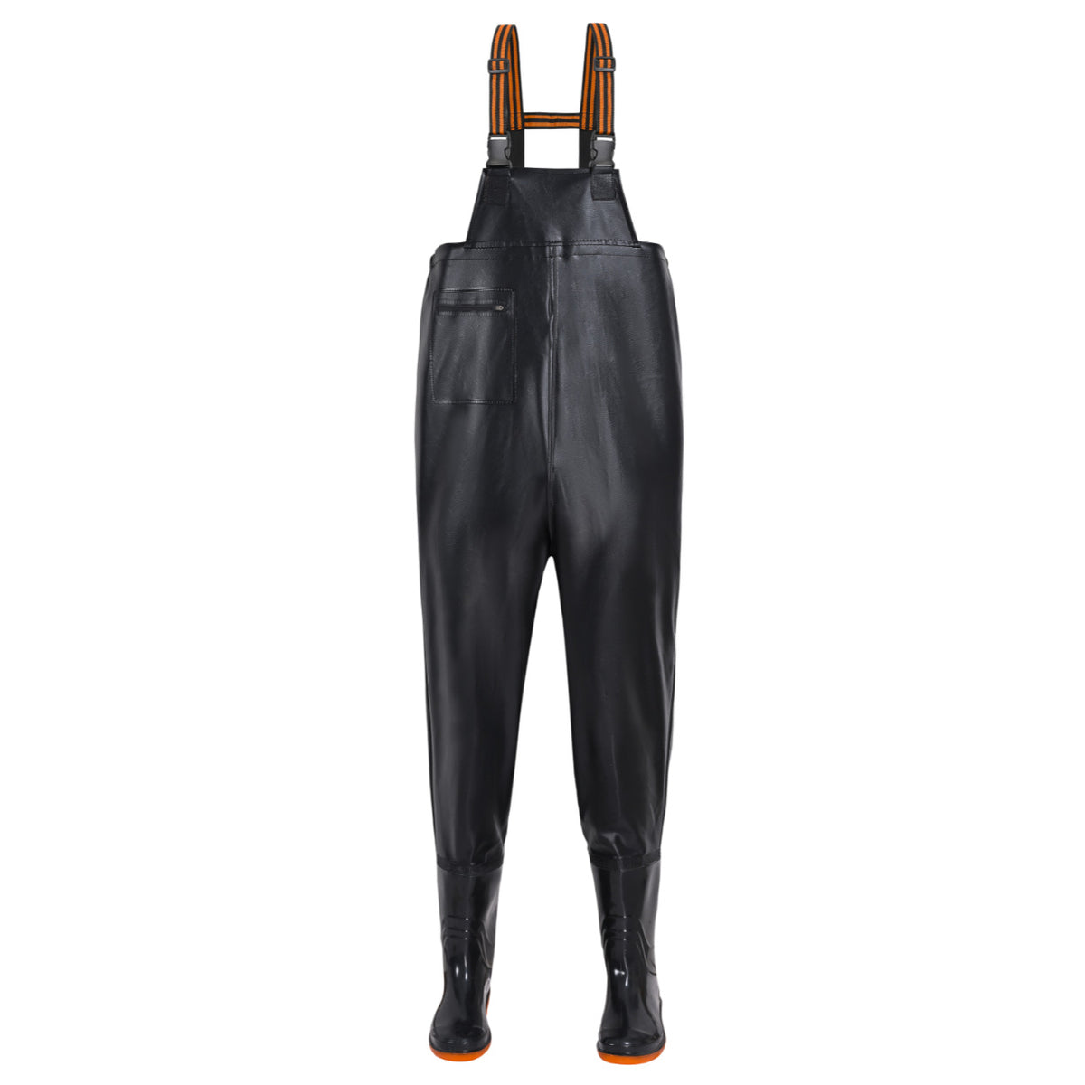 Type A black textured chest waders with stepped bib, a single side zipper pocket and black attached boots.