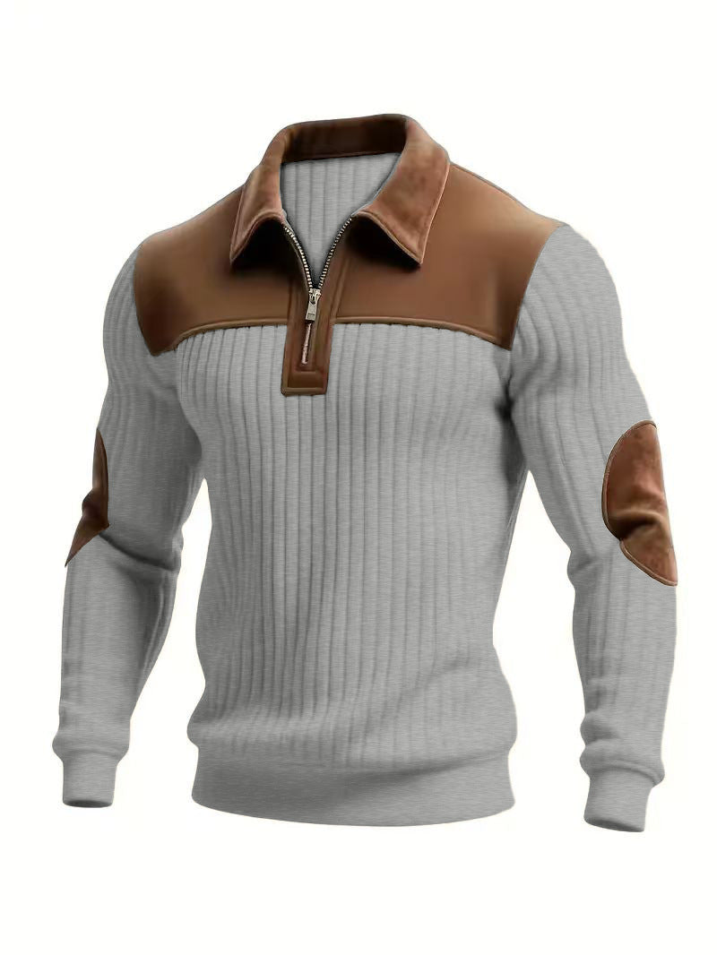 AZUKI Men's Color-Block Ribbed Long-Sleeve Half-Zip Polo - Gray product photo