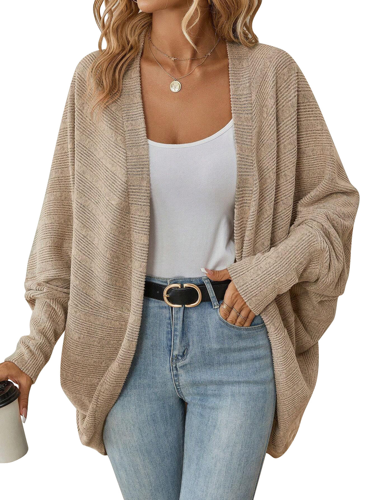 Khaki open-front batwing knit cardigan on a model, with ribbed cuffs and a draped hem