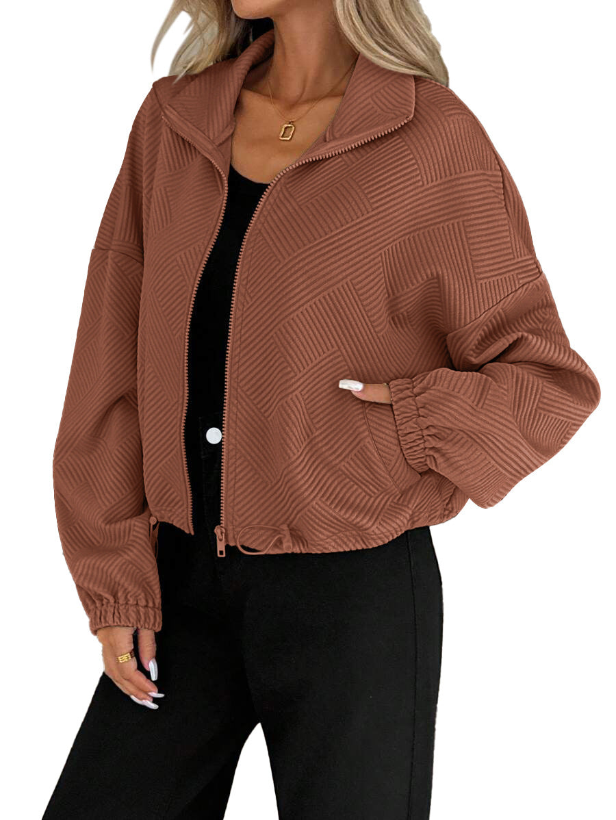 AZUKI Women's Textured Stand-Collar Zip Jacket with Drawstring Hem - Caramel product photo