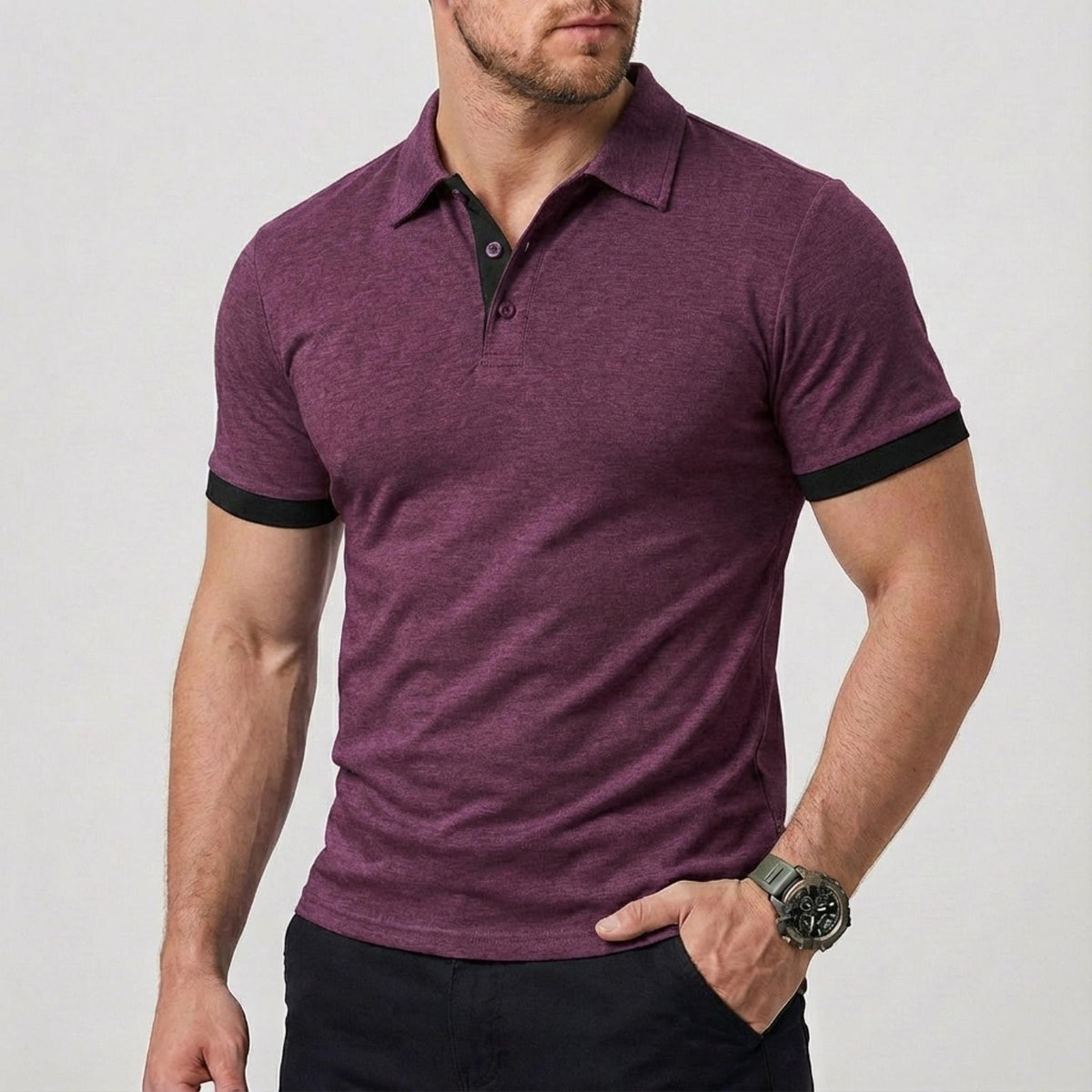 AZUKI Men's Heathered Polo Shirt with Contrast Cuffs - PDD-SDPL03-Purple