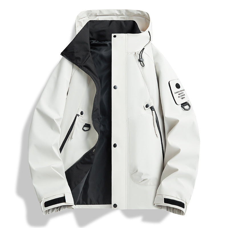 AZUKI Off-White hooded utility jacket with zip pockets and sleeve detail