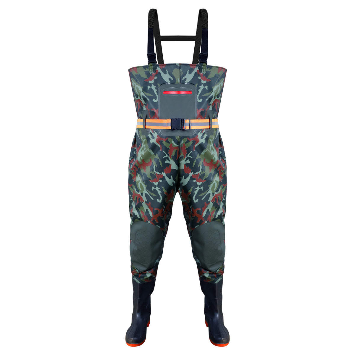 Floral camouflage chest waders with solid-green pocket and knee panels.