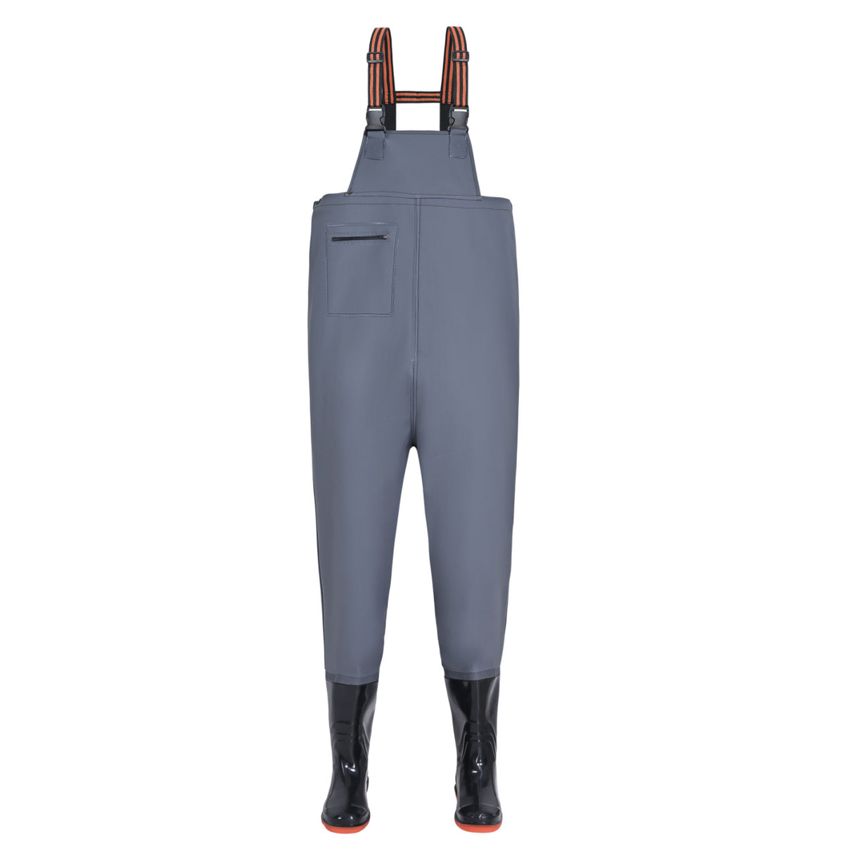 Type A smoke-gray chest waders with stepped bib, a single side zipper pocket and black attached boots.