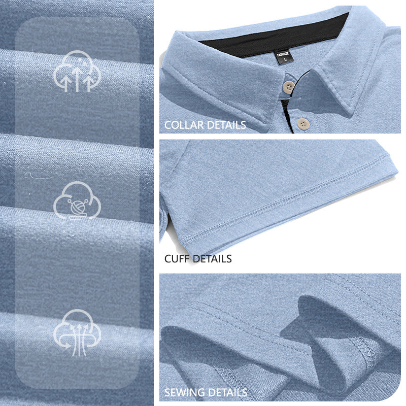Heather light blue polo fabric, collar, sleeve hem and stitching details