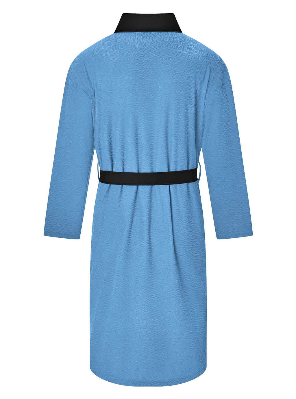 AZUKI blue bathrobe rear product view with black tie belt
