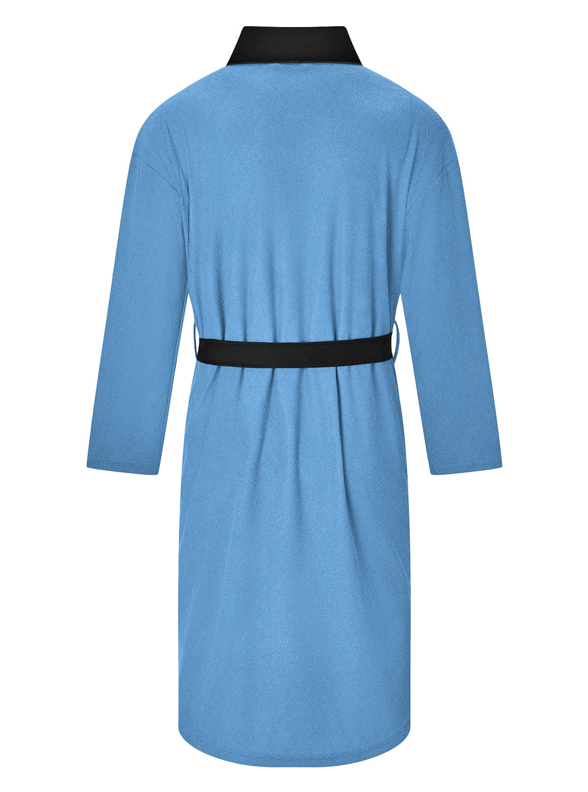 AZUKI blue bathrobe rear product view with black tie belt