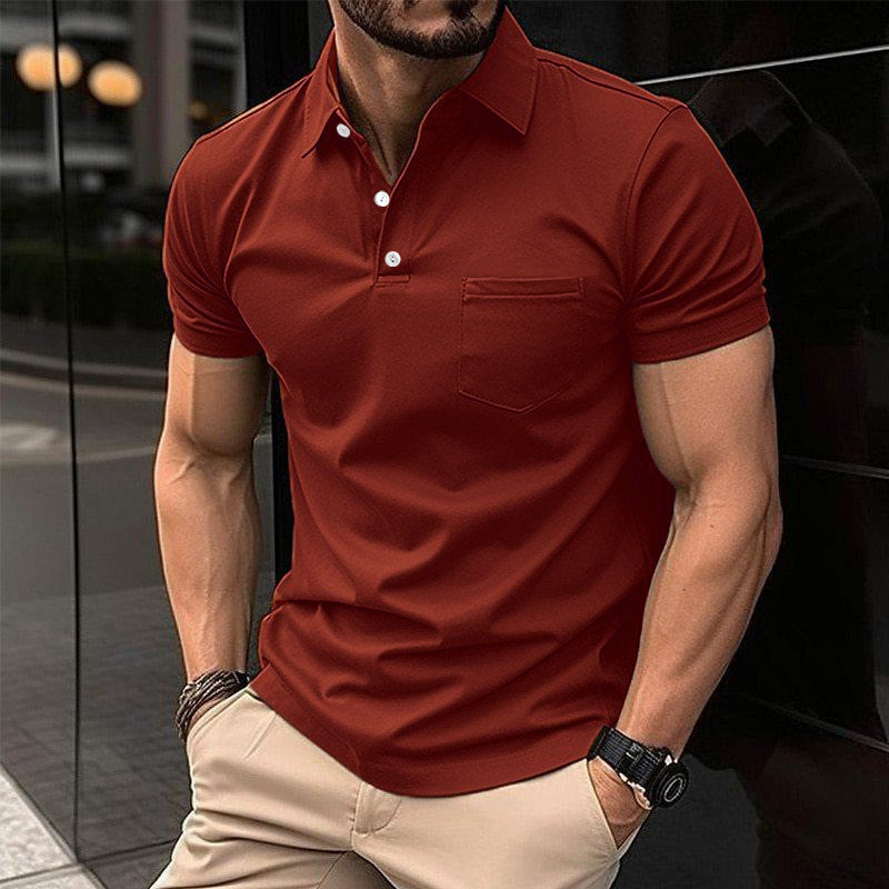 AZUKI Men's Short Sleeve Button-Placket Pocket Polo Shirt - DXP-4-Brick Red
