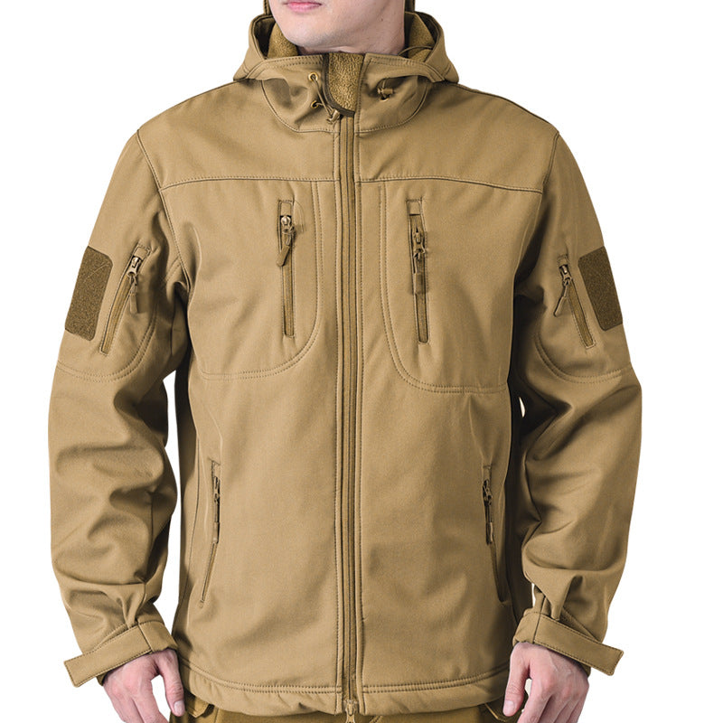 AZUKI khaki hooded tactical softshell jacket on an adult model, front view