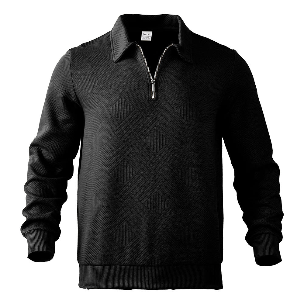 Black textured quarter-zip collared pullover product view