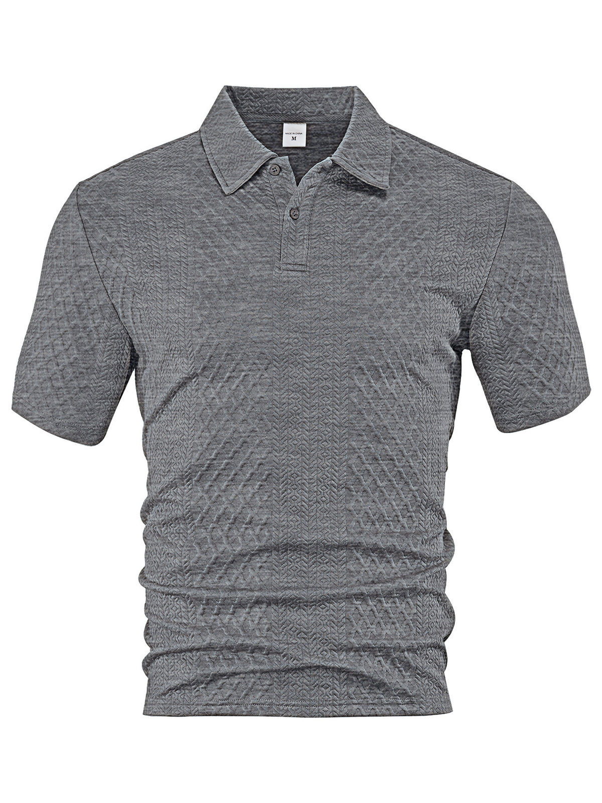 Dark gray geometric jacquard two-button polo shirt, front product view