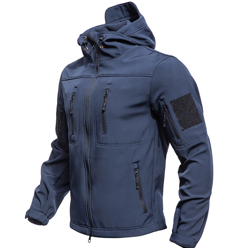 AZUKI navy blue hooded tactical jacket, three-quarter front product view