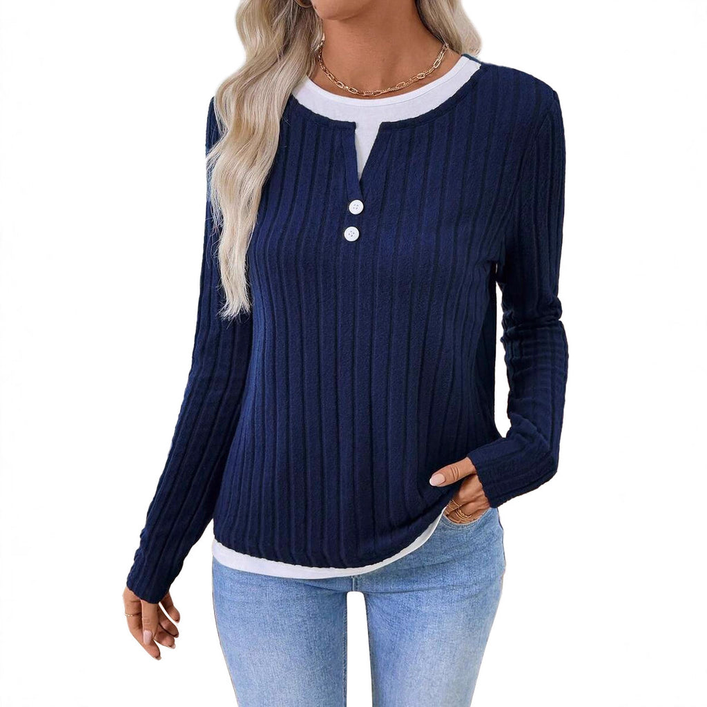 AZUKI Women's Ribbed Layered-Look Long-Sleeve Button Top product photo
