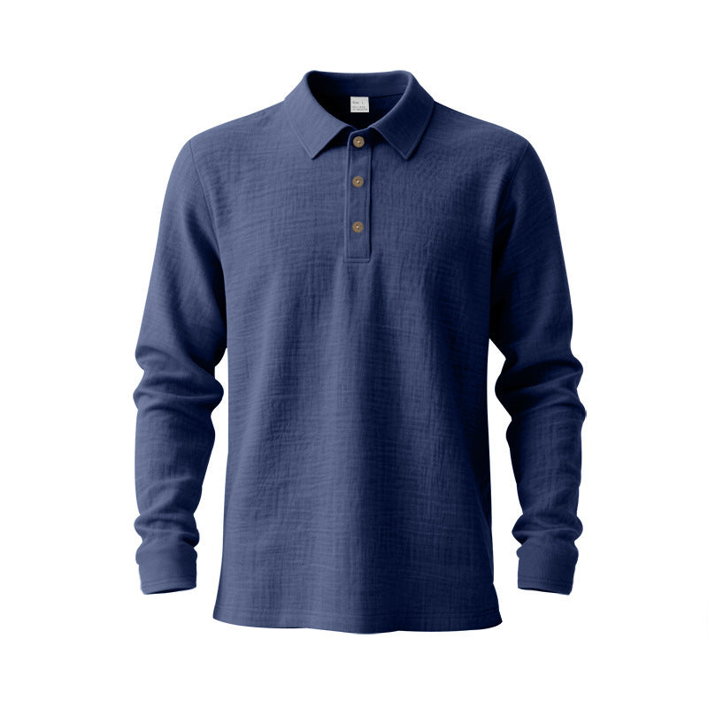 Navy linen-blend long-sleeve polo shirt product view