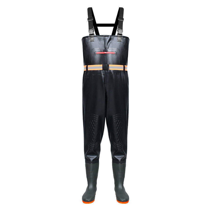 Black thick-style chest waders with zip pocket, striped waist belt, knee panels and attached boots.