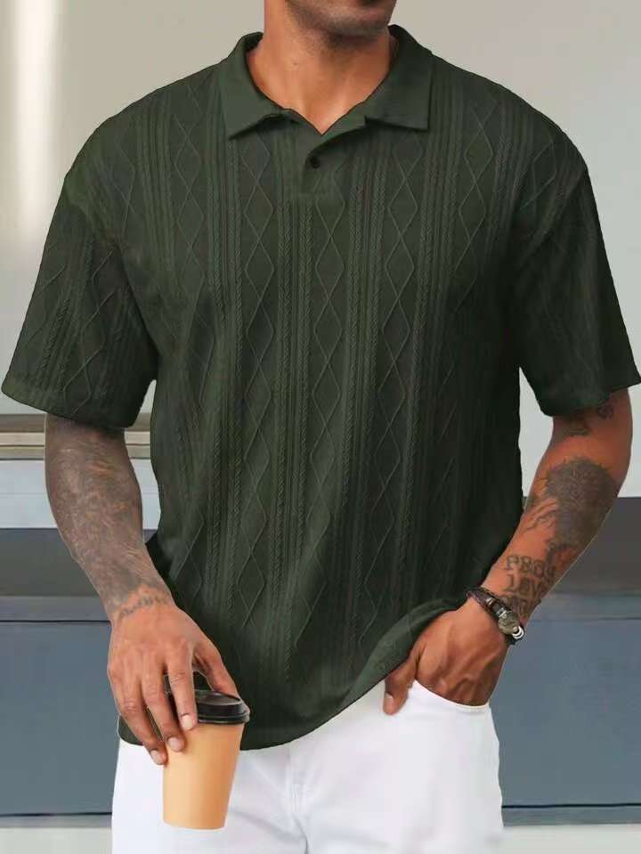 Army green geometric-textured short-sleeve polo on a male model, front view showing the collar and short placket