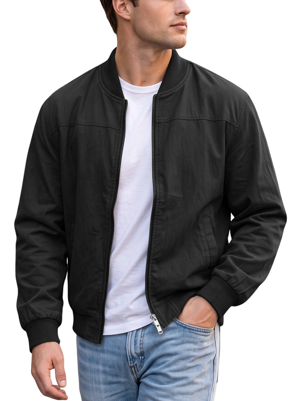 AZUKI men's black bomber jacket on an adult model