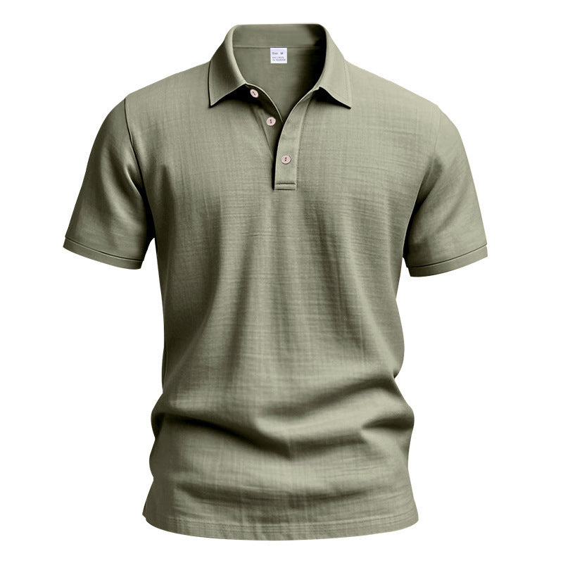 AZUKI olive green linen-blend short sleeve polo, product front view