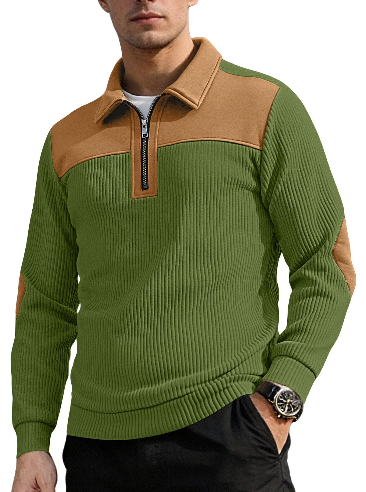 AZUKI men's olive green and tan quarter-zip knit pullover, front view
