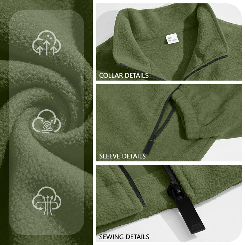 Army green fleece fabric, stand collar, elastic cuff and zipper details