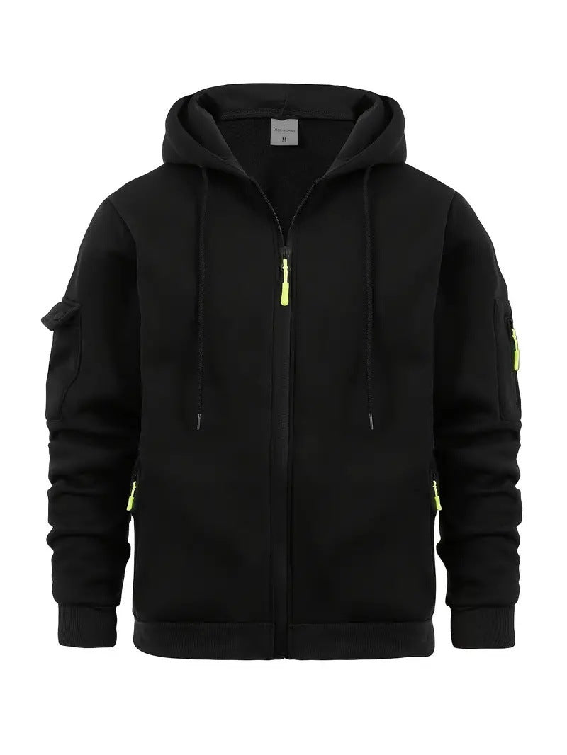 Black men's full-zip hoodie with drawstring hood and sleeve pockets, front view
