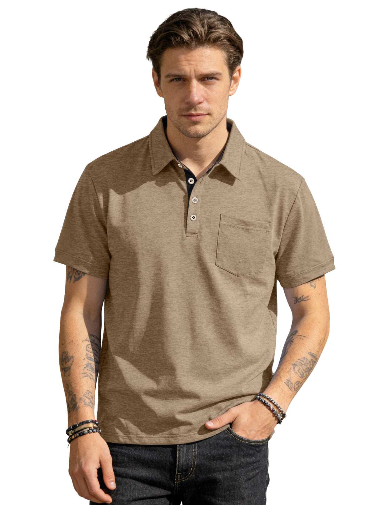 AZUKI Men's Cotton-Blend Short-Sleeve Pocket Polo - Heather Camel product photo