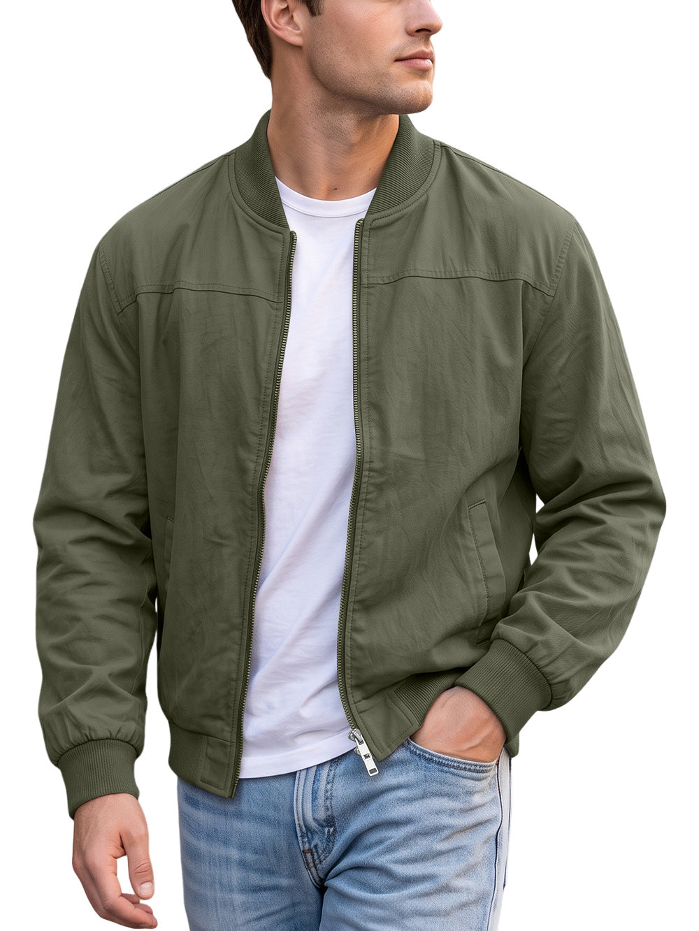 AZUKI men's olive green bomber jacket on an adult model
