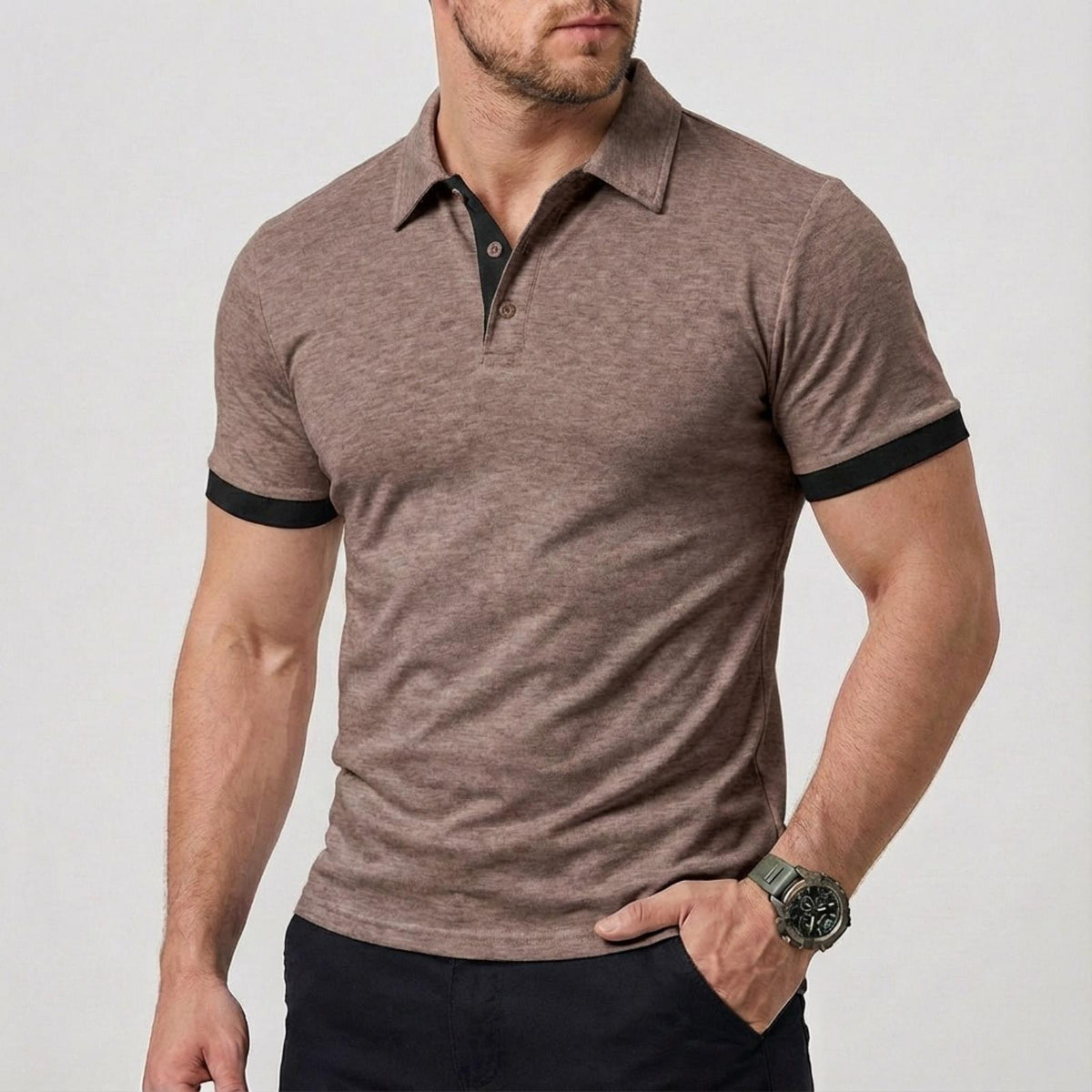 AZUKI Men's Heathered Polo Shirt with Contrast Cuffs - PDD-SDPL03-Brown