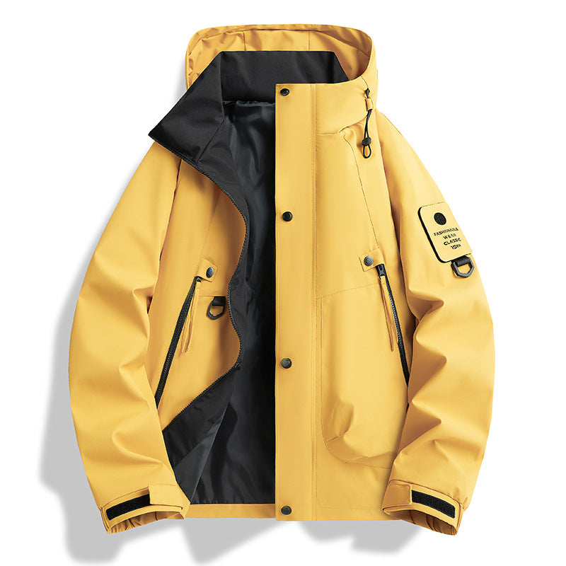AZUKI Mustard Yellow hooded utility jacket, front view with zip pockets