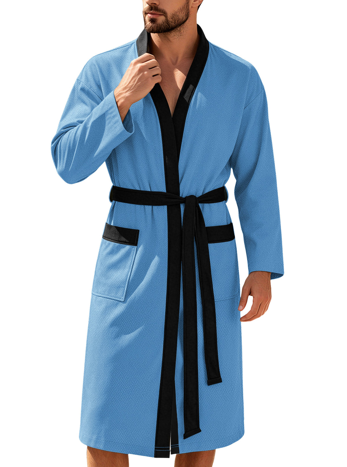 AZUKI blue bathrobe front view with black trim and tie belt
