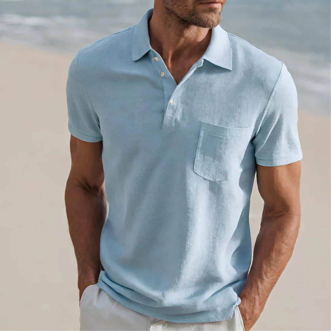 AZUKI Men's Short Sleeve Button-Placket Pocket Polo Shirt - DXP-6-Sky Blue
