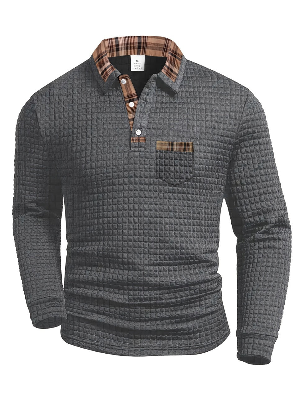 AZUKI Men's Waffle-Textured Plaid-Trim Long-Sleeve Polo - Gray product photo
